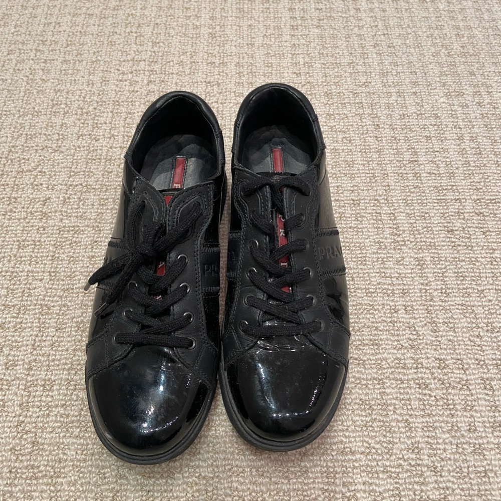 Prada black leather/patent sneakers, size 36